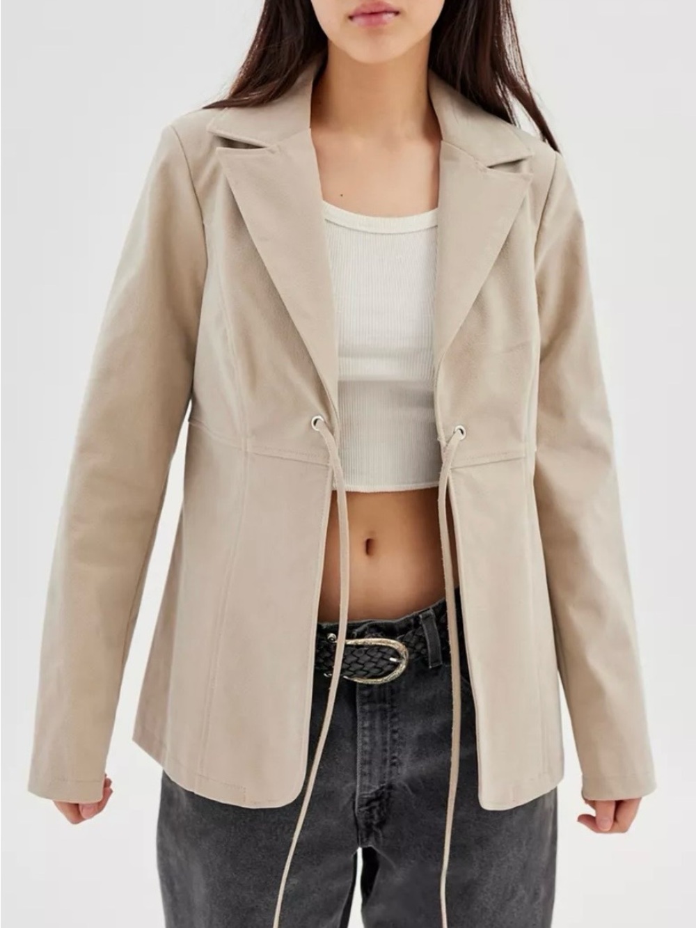 URBAN OUTFITTERS Beige Noa Faux Suede Tie-Front Business Jacket Blazer Size M - Picture 1 of 9